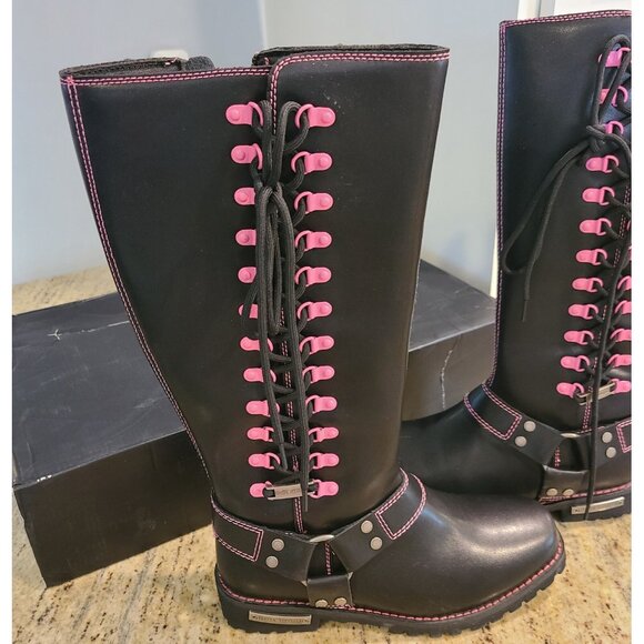 New? Women's Size 10 Motorcycle Boots Pink Black Lace up Zipper Dream Apparel® - Picture 2 of 12